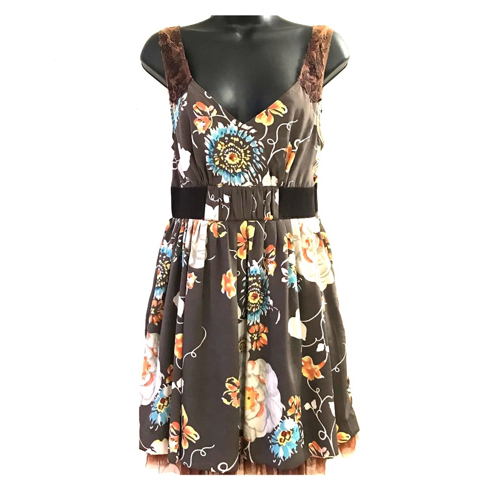 FREE PEOPLE Cute Floral Tulle Hem Dress Sz 2